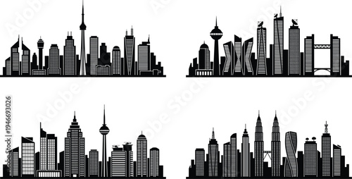 Modern city skyline silhouettes collection with skyscrapers and urban buildings, metropolitan architecture cityscape vector illustration isolated skyline design for travel business and urban themes