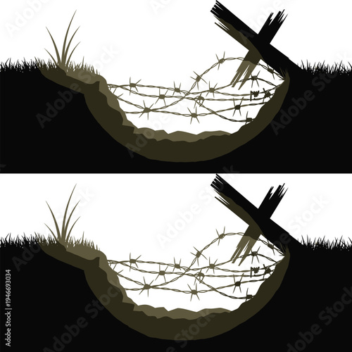 Barbed wire and memorial crosses on battlefield silhouette for war remembrance, conflict history, veteran tribute, and anti-war awareness campaigns