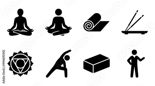 Yoga Icons Vector – Meditation, Spiritual Symbols, Poses, Wellness Accessories Graphic