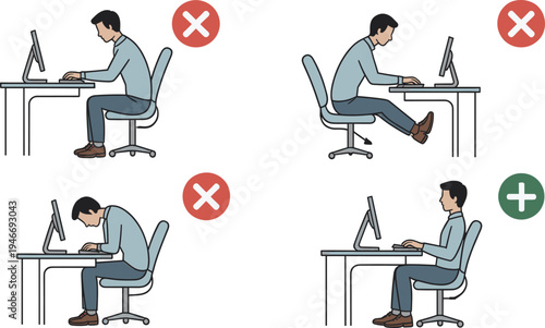 Office ergonomic posture infographic showing correct and incorrect sitting positions at computer desk, workplace health guide for proper back alignment and workstation setup