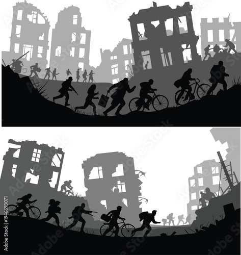 Soldiers advancing through destroyed urban ruins silhouette for war documentary, conflict journalism, disaster awareness, and military history educational content