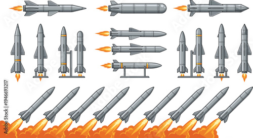 Rocket and missile launch collection, military and space rockets set with fire exhaust, aerospace weapon and spaceflight vector illustration isolated technology design