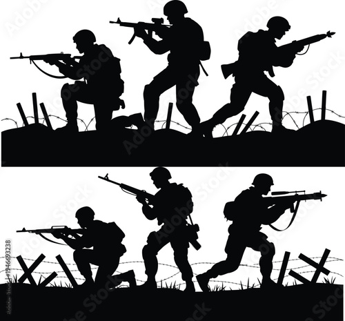 Military soldiers aiming weapons in combat silhouette set for war journalism, conflict editorial, defense training, and tactical game design