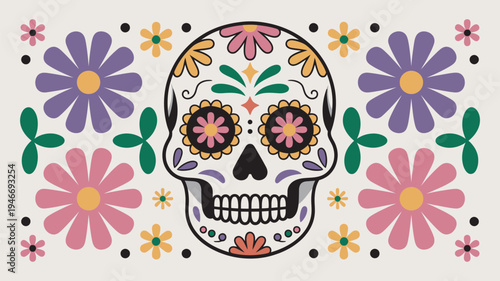 A colorful sugar skull surrounded by vibrant flowers for Day of the Dead celebrations
