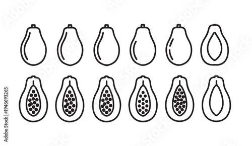 Papaya Fruit Icons Set Whole and Halved Slices Outline Vector Illustration