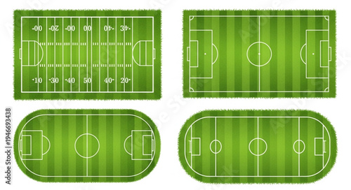 Variety of Green Sports Field Layouts - Football, Soccer, and Track.