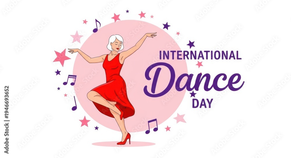 Obraz premium International dance day illustration of a woman dancing in red dress with music notes and stars