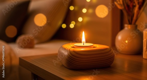 A lit candle in a wooden holder on a nightstand, warm glow in a bedroom