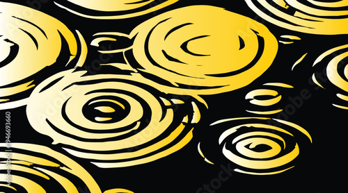 Elegant Japanese-inspired background featuring gold hand-drawn raindrops and ripples on a black field. Bold, fluid brushwork creates a serene, rhythmic, and meditative water aesthetic.

