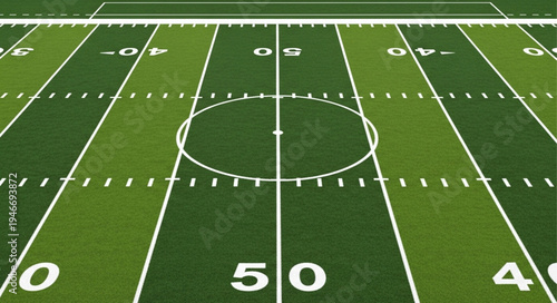 Aerial View of American Football Field with Yard Lines and Center Circle.