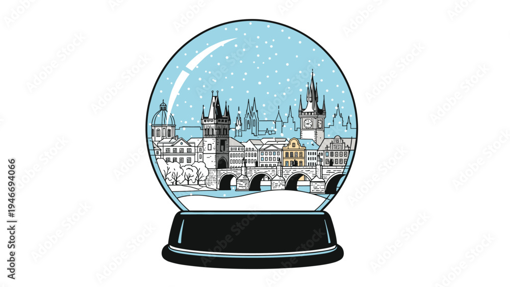 Obraz premium Decorative snow globe containing a charming snowy landscape of a European city with historic buildings and bridges.