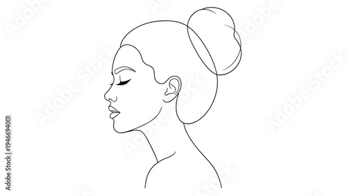 Minimalist one line drawing of a beautiful woman's profile with her hair styled in a high bun on a white background.