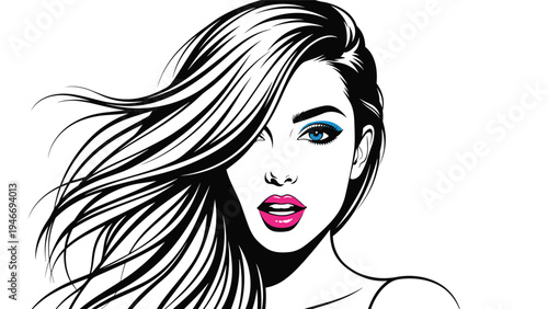 Vibrant pop art style portrait of a woman with long blowing hair featuring bold blue eye makeup and pink lips.