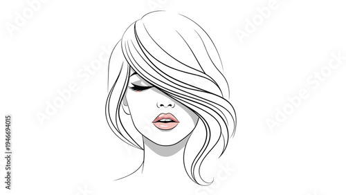 Elegant line art portrait of a beautiful woman with voluminous hair covering one eye and soft pink lips on a white background.