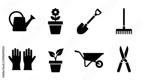 Gardening Icons Vector – Tools, Plants, Outdoor Activity, Nature Care Graphic