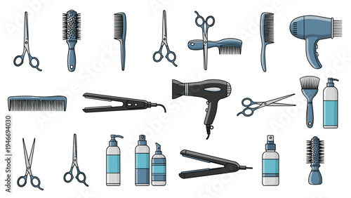 Extensive collection of professional hair styling tools and salon products including scissors combs brushes and dryers.