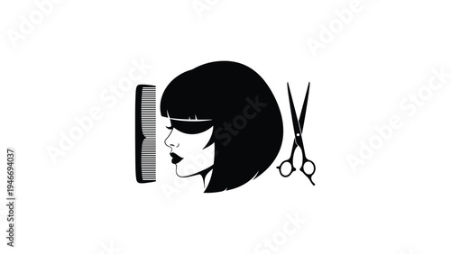 Graphic silhouette of a woman's head with a stylish bob haircut framed by a hair comb and a pair of professional scissors.