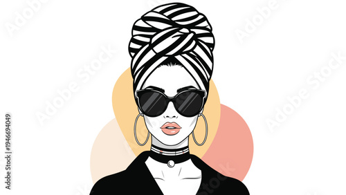 Stylish woman wearing a bold black and white striped head wrap oversized sunglasses and large hoop earrings on a plain background.