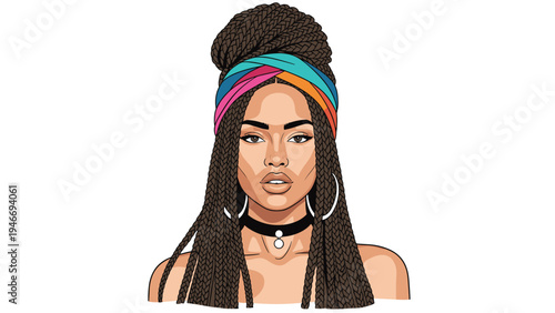 Beautiful woman with many long thin braids wearing a vibrant colorful headband and elegant jewelry in a portrait.