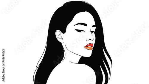 Elegant portrait of a beautiful young woman with long black hair and red lips looking back over her shoulder on a white background.