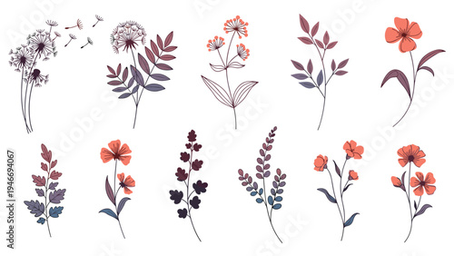 Collection of twelve diverse hand drawn botanical flowers and leaf stems in warm peach and purple tones on a white background.