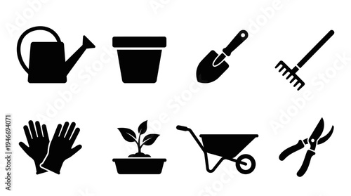 Gardening Icons Vector – Tools, Plants, Outdoor Activity, Nature Care Graphic