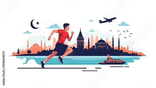 Determined man running along a waterfront with the historic Istanbul city skyline and Galata Tower in the background.