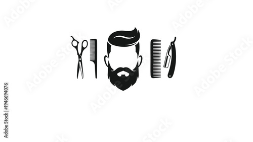 Silhouette of a bearded man's face with a stylish haircut accompanied by barber tools including scissors combs and a razor.