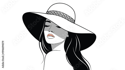 Beautiful woman wearing a large wide brimmed hat with her eyes closed as soft sunlight illuminates her face on white background.