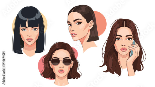 Collection of stylized female portraits featuring diverse hairstyles and accessories presented in a clean modern vector art style.