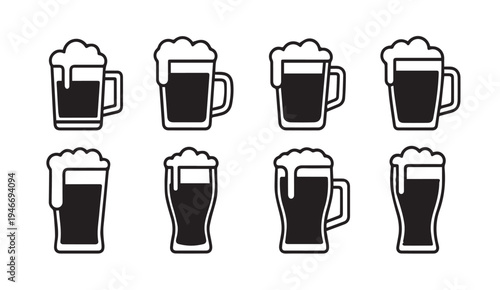 Set of Beer Mugs and Glasses with Foam Icons