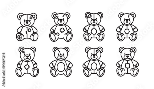 Set of eight cute teddy bear icons with different details on white background vector illustration