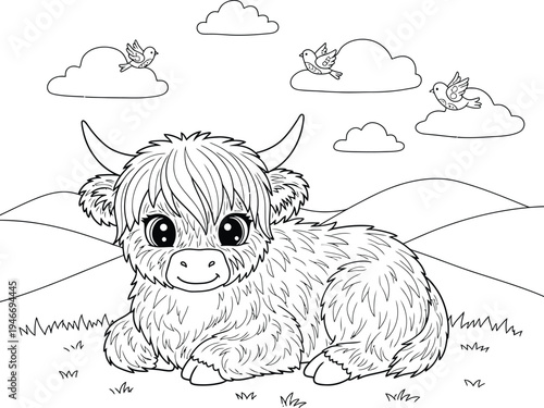 Cute Highland Cow and Calf Resting in Meadow Coloring Pages