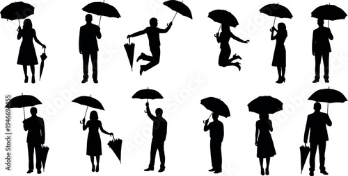 People Silhouette with Umbrella Set Business Man and Woman Standing Jumping Holding Umbrellas Black Vector Illustration on White Background Isolated