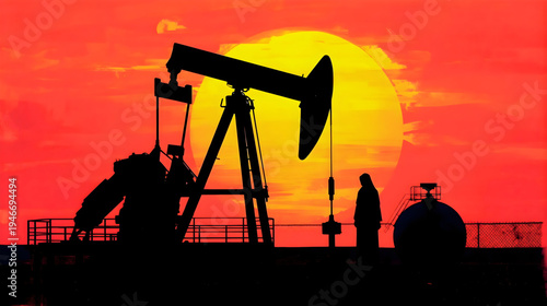 An oil pump jack silhouette with a person and storage tank in front of a large sun at sunset on a red sky background, industrial equipment for extracting oil, a common scene in the oil and gas 