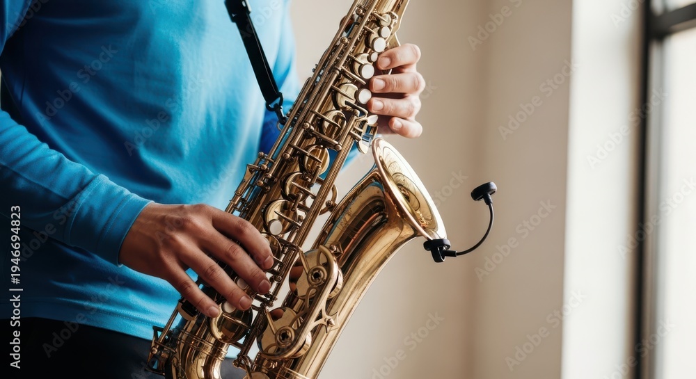 Obraz premium Closeup of a person playing a saxophone with a microphone