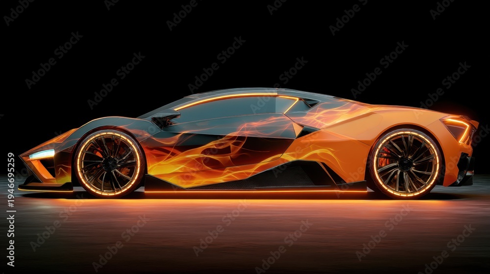 Fototapeta premium Supercar with abstract fire pattern on body side. Side view of futuristic orange sport vehicle. Automotive concept with glowing neon light wheel rim. Fast modern luxury auto design style.