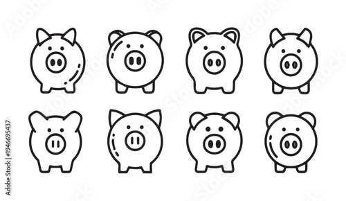 Various Piggy Bank Icons Set Finance Savings Concept Simple Line Art