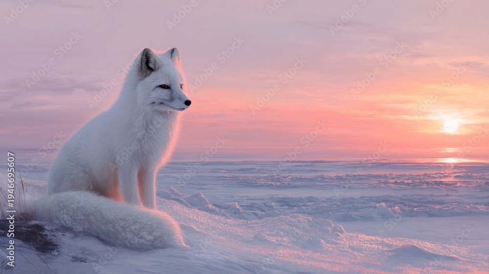 Fototapeta premium Arctic fox sitting on snowy terrain at sunset. Wild animal in icy landscape. Wildlife nature photography, serene environment, polar climate, northern wilderness, beauty of winter.