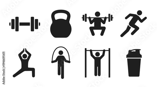 Fitness Icons Vector – Exercise Equipment, Workout Activities, Gym Training Graphic