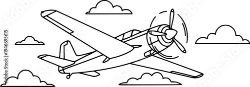 Simple Outline of a Propeller Airplane Flying Among Clouds
