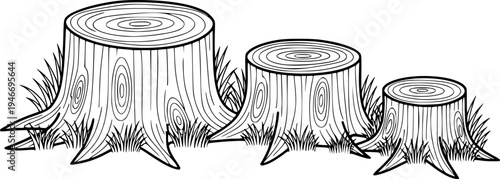 Three cartoon tree stumps of varying sizes with grass
