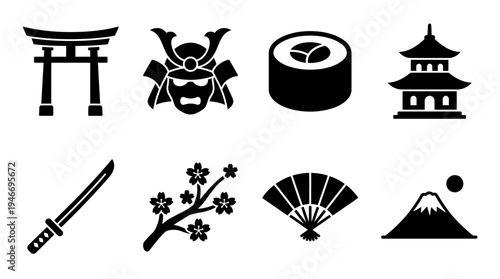 Japanese Culture Vector – Heritage Symbols, Samurai, Cuisine, Architecture, Nature Graphic