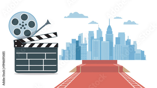 A film clapper and reel on a red carpet leading to a city skyline, symbolizing the movie industry and Hollywood glamour.