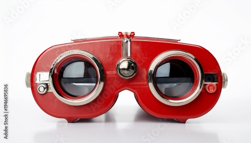 retro red stereoscope viewer with two lenses and a white background isolated on white background