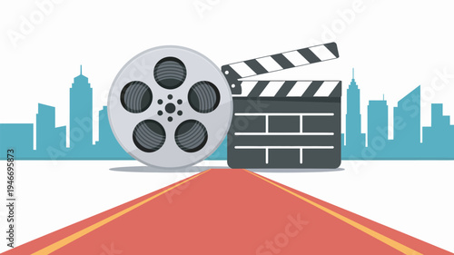A film reel and clapper board sit on a red carpet in front of a city skyline, symbolizing the movie industry and filmmaking.
