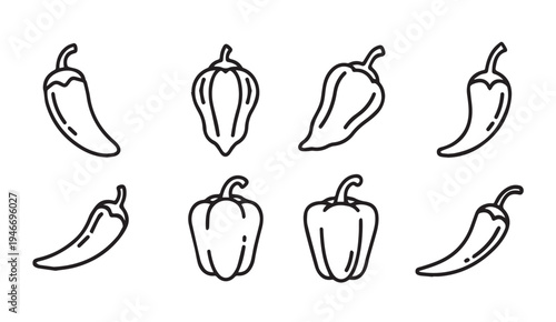 Assorted Pepper Icons Outline Simple Line Art Vegetables Collection