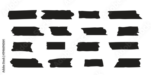 Set of black different Adhesive Tape Set, Duct and Sticky Paper Tape isolated 
on white background, Masking Torn tape icon vector illustration