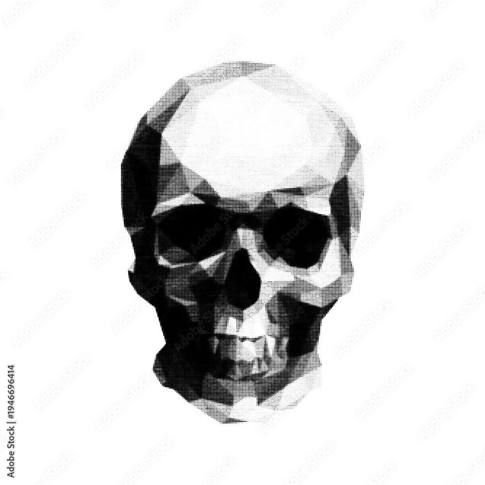 Obraz premium Human skull in halftone style isolated on light background. Anatomical bone illustration symbolizing death, danger, horror and mortality. Monochrome graphic design element.