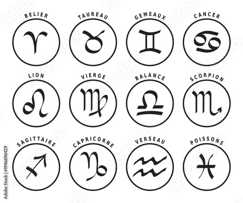 Signes du Zodiaque 12 Icônes d'Astrologie avec leurs Noms en Français, Illustration Vecteur
